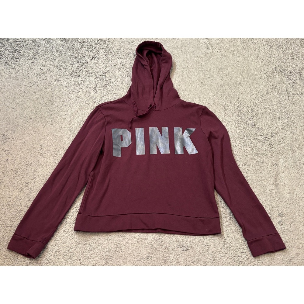 Victoria's Secret PINK Hoodie Maroon Burgundy Silver Metallic Logo Pullover M
